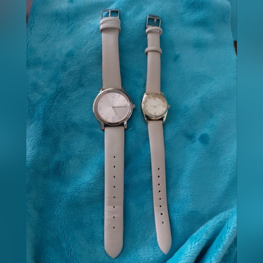 Pair of Cream Color Simulated Leather Ladies Quartz Watches, Estate Jewelry
